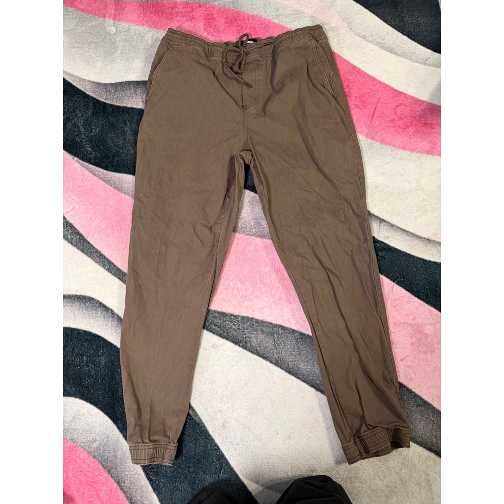 RSQ Mens Jogger Pants Brown Twill Elastic Waist Drawstring Tapered Cuffs XL